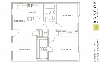 Floor plan for 2 beds, 1 bath, 781 sqft